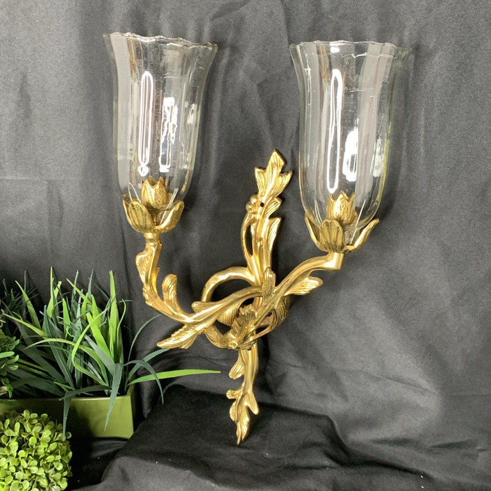 Large Vintage Brass French Louis XV Style Candlestick Wall Scones with glass